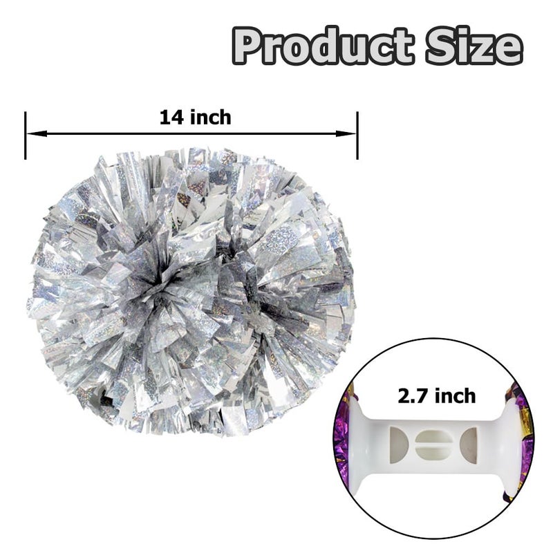 Hooshing 2PCS Silver Pom Poms Cheerleading Holographic Spot with Baton Handle for Team Spirit Sports Cheering - Image 2
